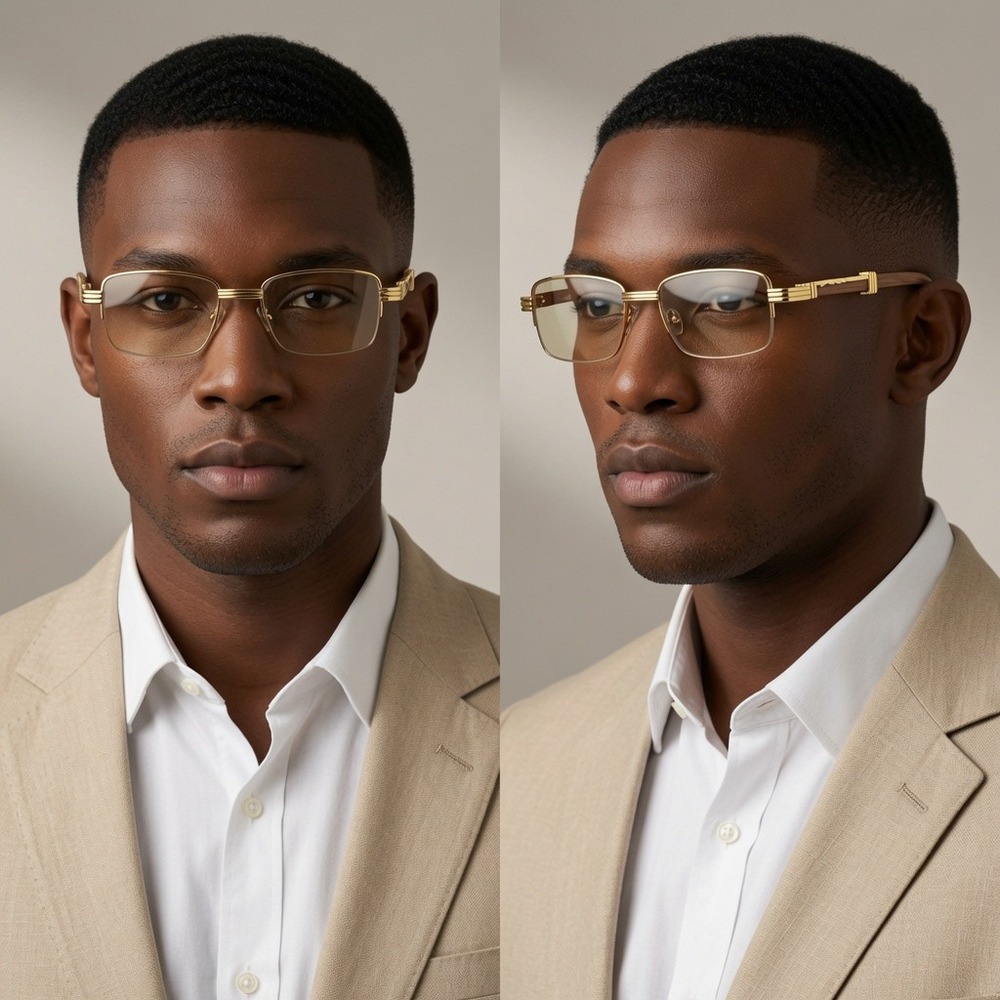 Mens Gold Wood Grain Rimless Square Hip Hop Sunglasses Clear Tinted Lens Retro